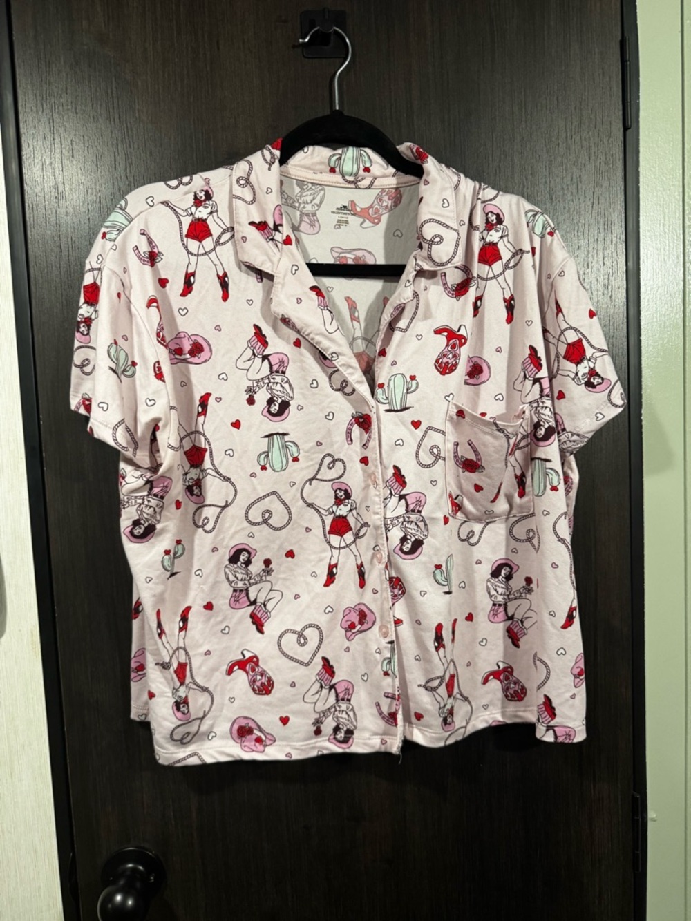 Pink Novelty Short Sleeve Button Pajama Top with Red Accents